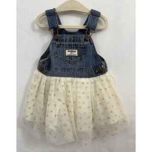 Vintage OshKosh Denim Overalls‎ Dress Ivory Sparkle Tulle Skirt Baby Girls 12 M